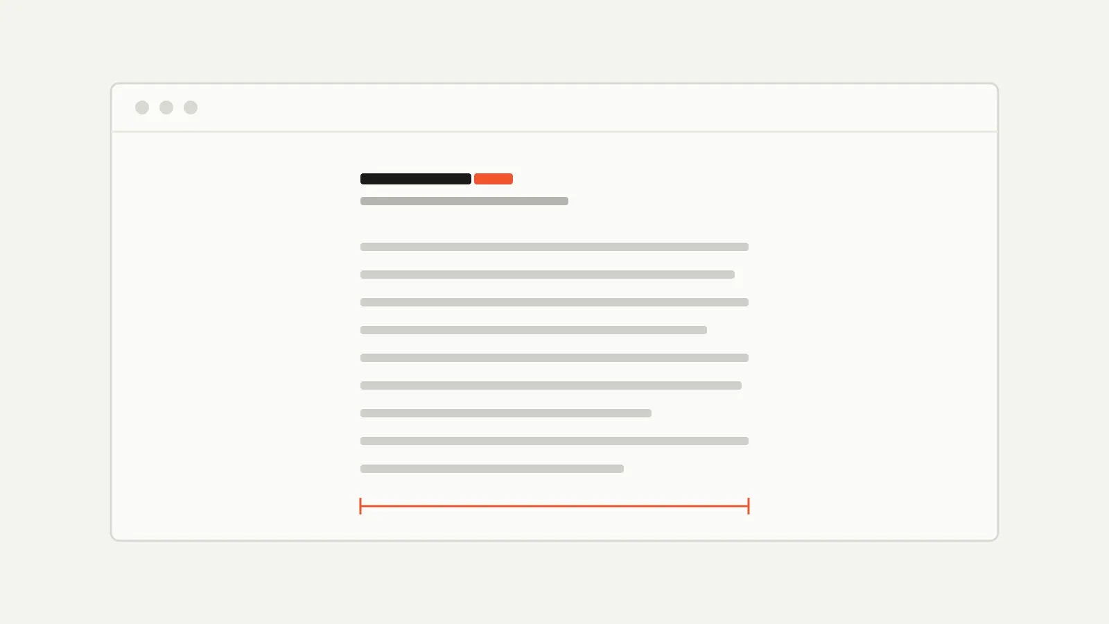 A browser window with a single centered column of text, the column width marked in orange